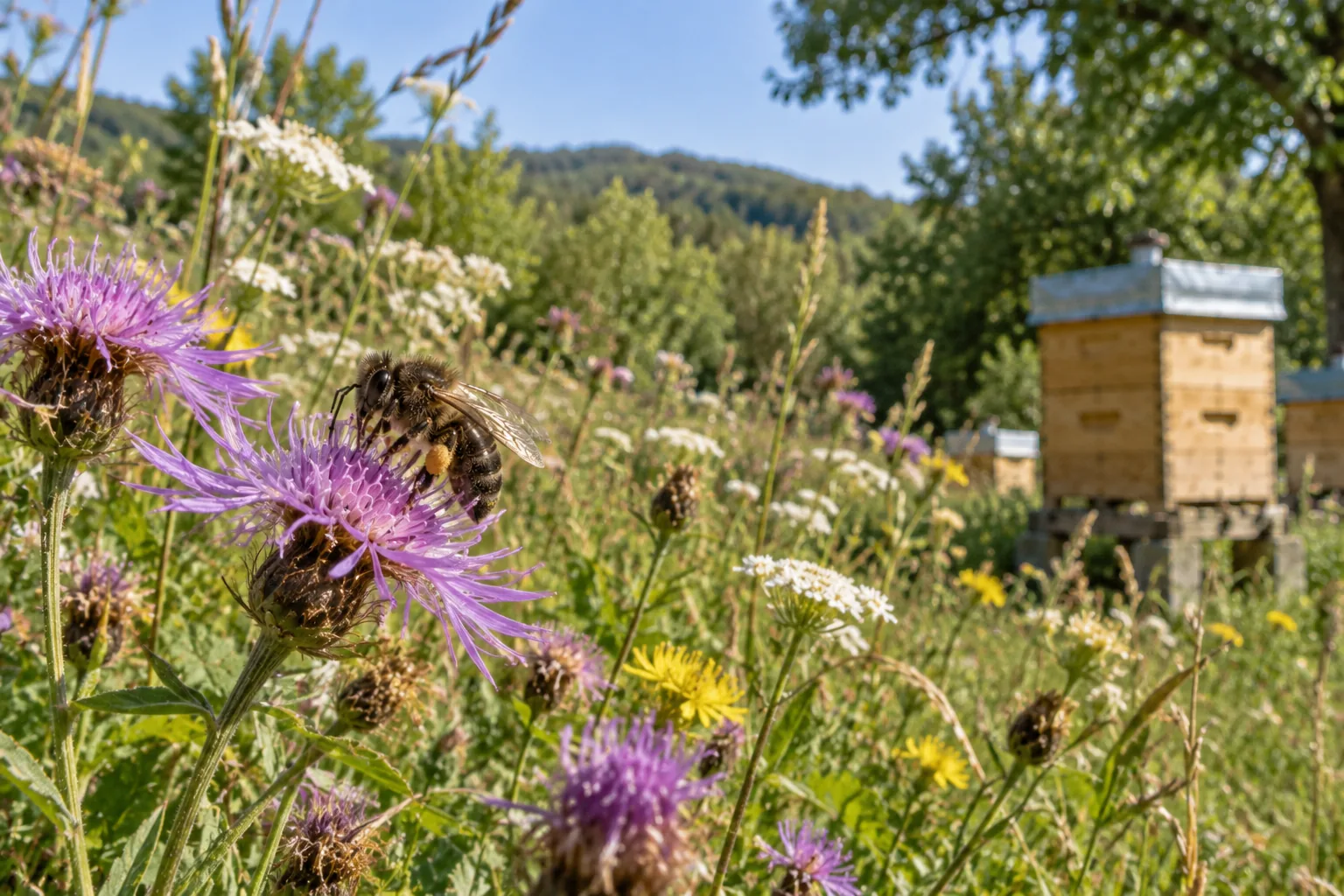 Abeille noire butinant une fleur dans son environnement