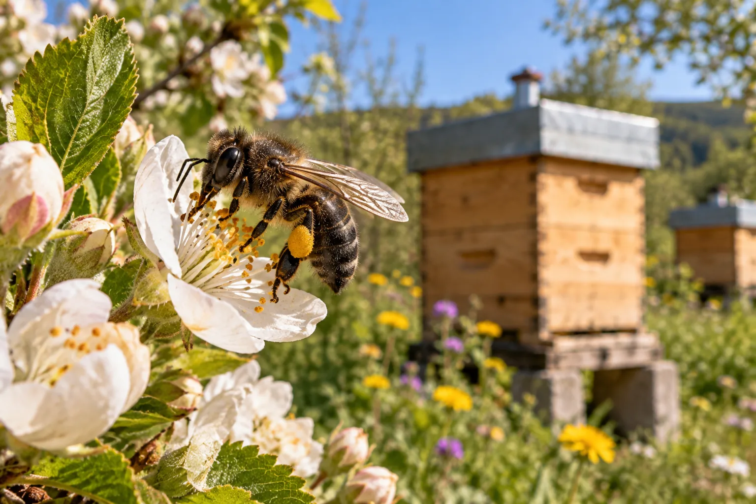 Abeille noire sur une fleur près d'un rucher Warré