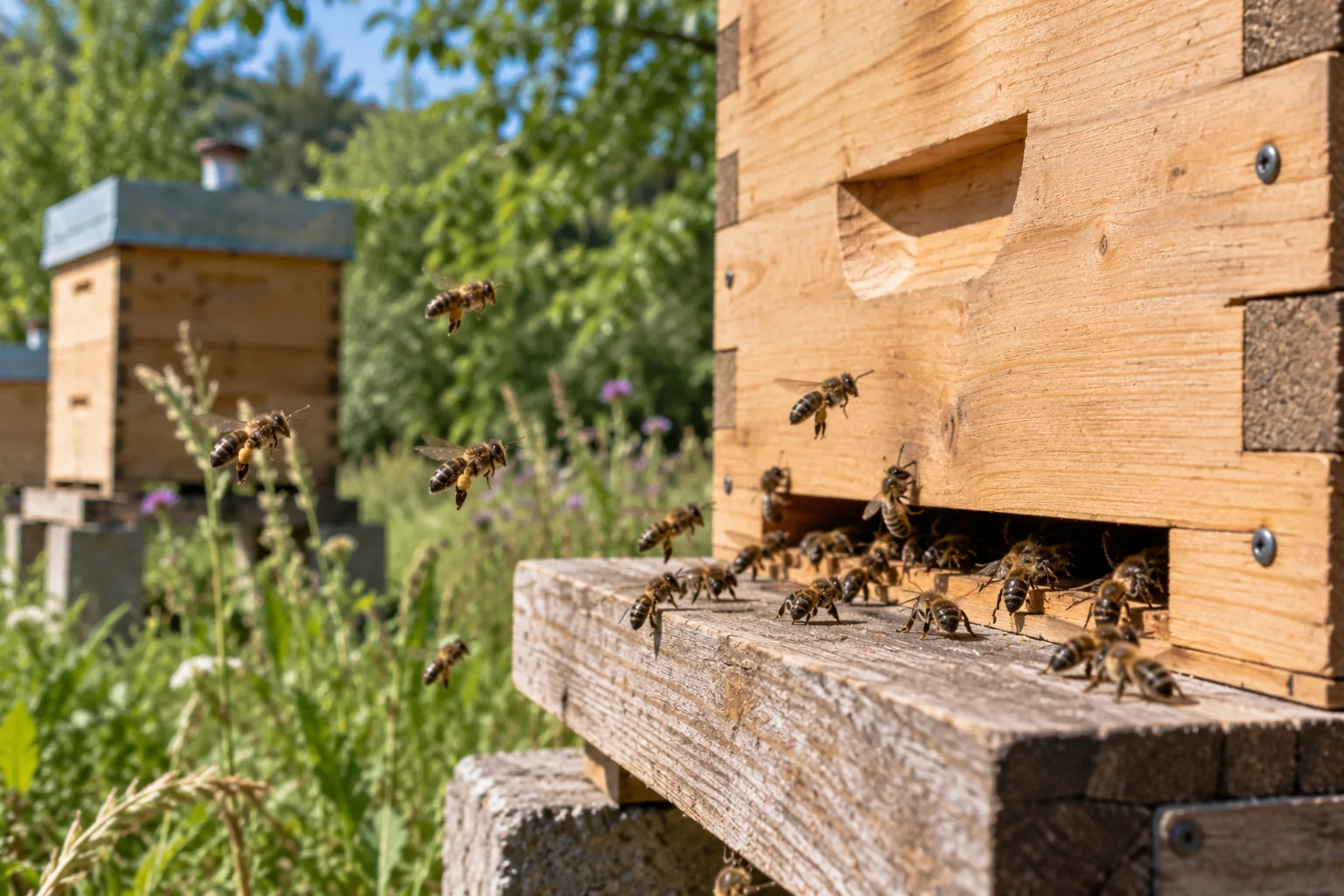 Abeilles noires devant une ruche Warré