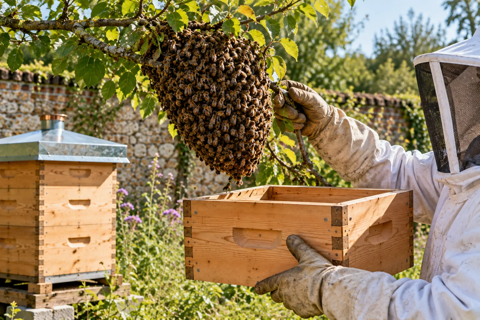 Essaim d'abeilles issu d'une ruche Warré