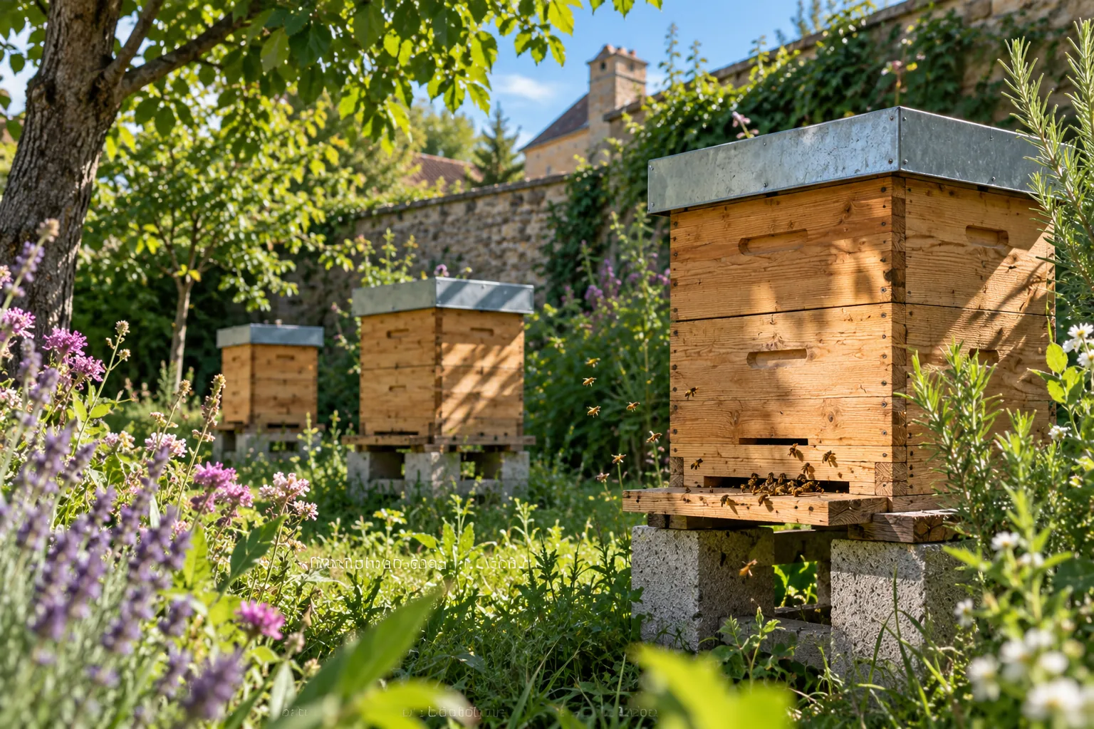 Ruche Warré en bois installée dans un rucher