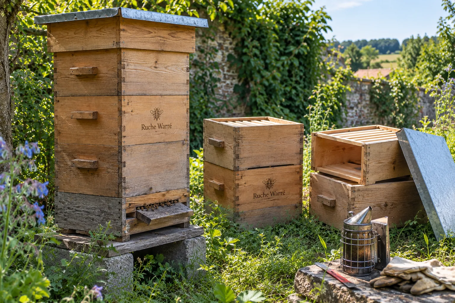 Ruche Warré avec plusieurs éléments montrant sa modularité