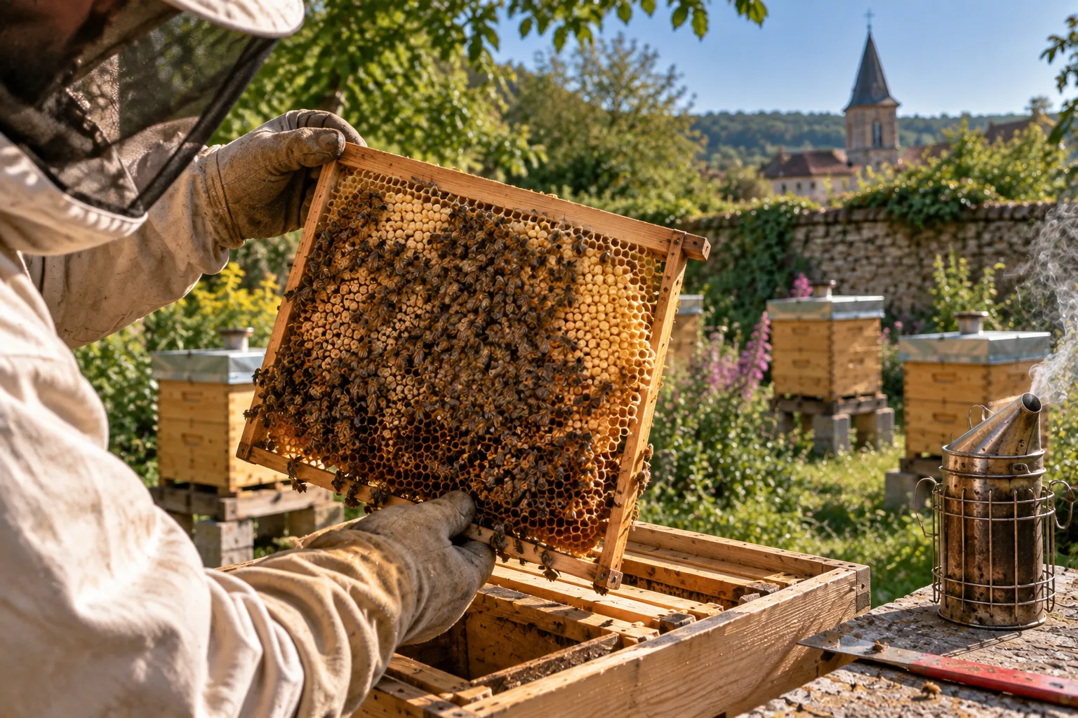 Abeilles travaillant naturellement sur un rayon en ruche Warré