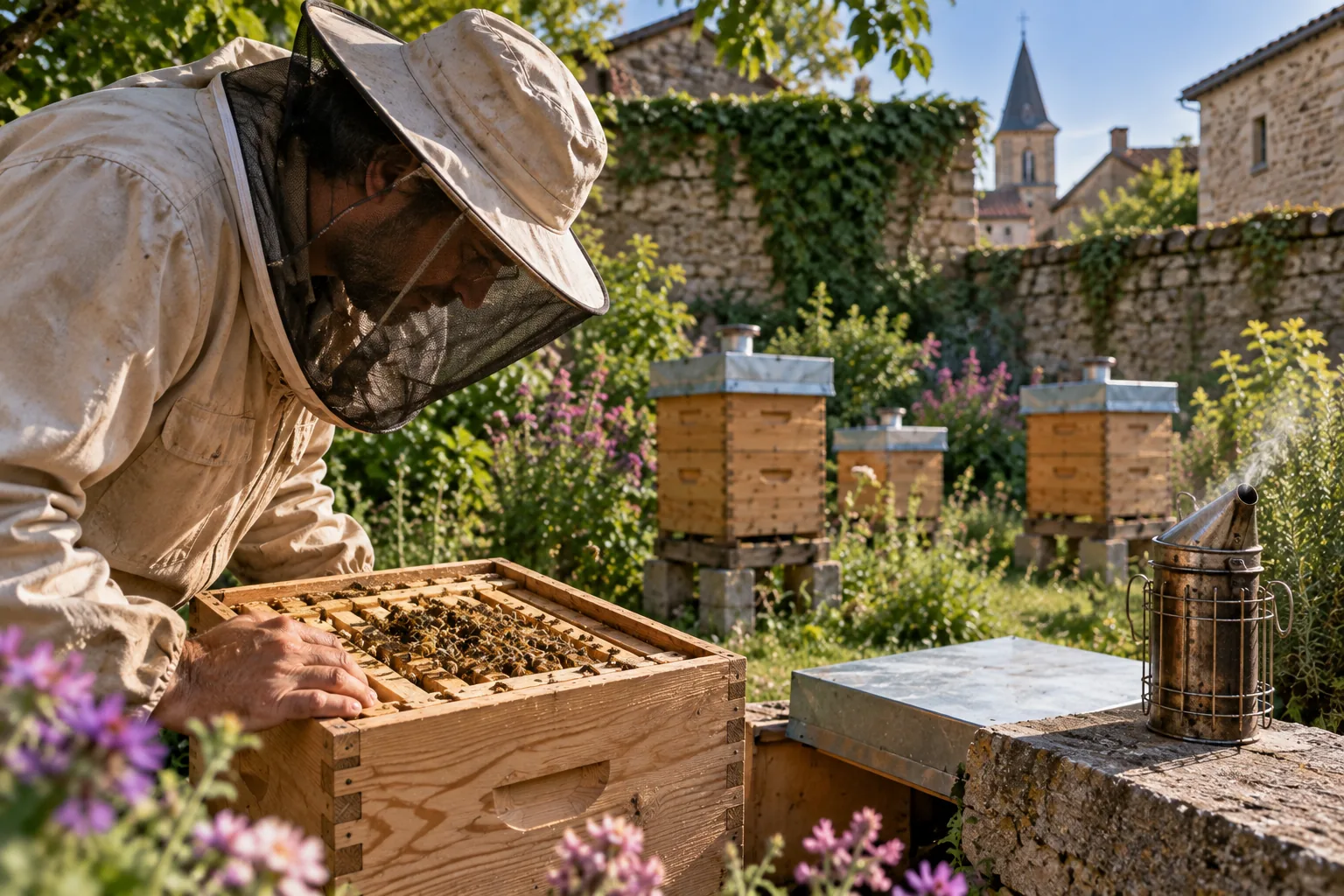 Observation calme d'une colonie d'abeilles en ruche Warré