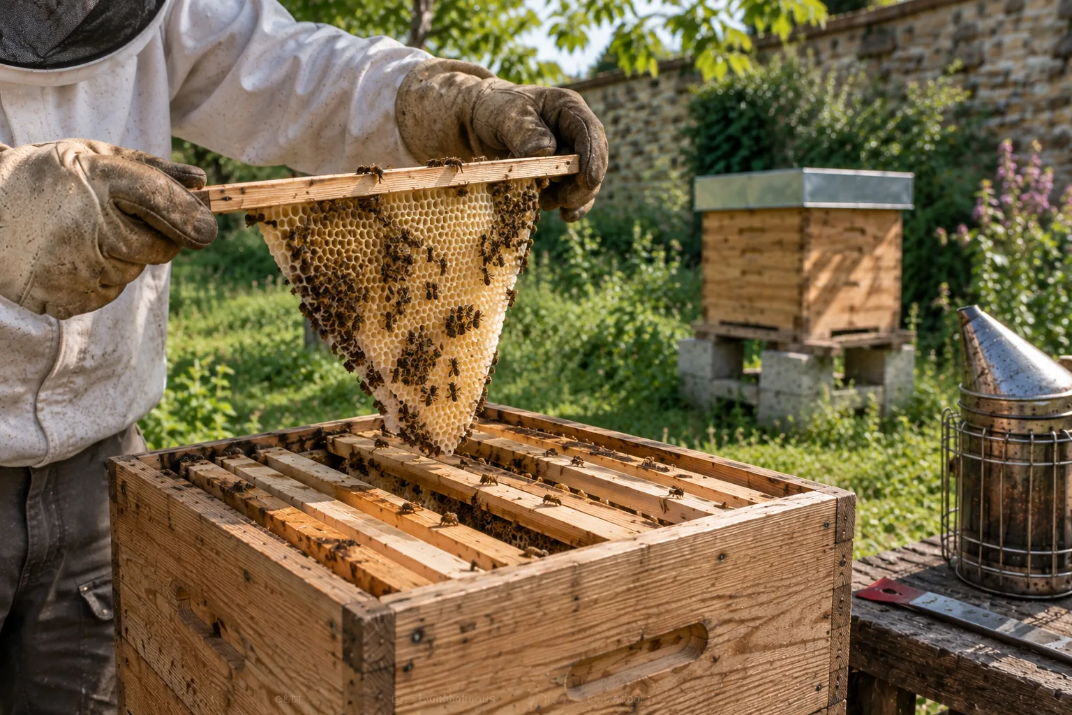 Abeilles sur rayon naturel en ruche Warré