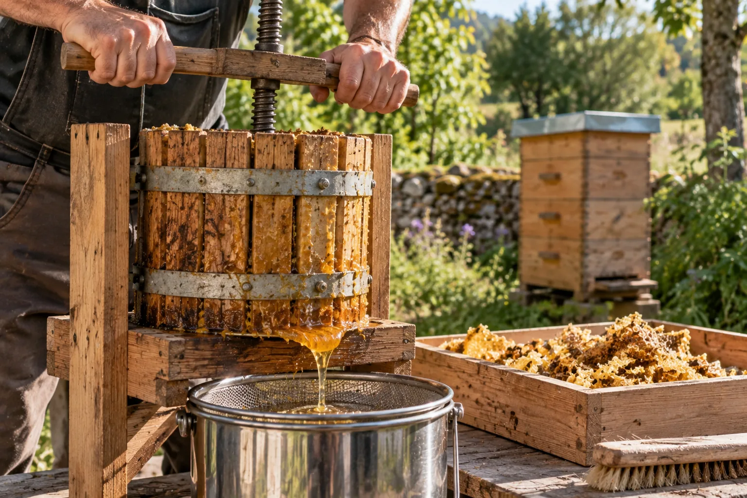 Récolte du miel par pressage en ruche Warré